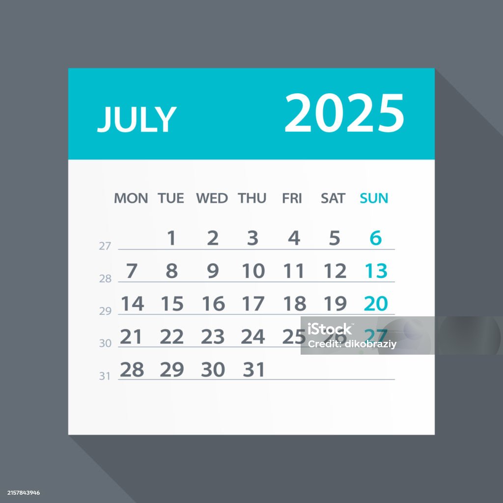 July Week Number July 2025 Calendar Green Leaf Vector Illustration Week Starts On Monday ...