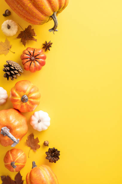 istock Vertical flat lay autumn composition with various pumpkins, leaves, and pine cones on a vibrant yellow background 2157846323