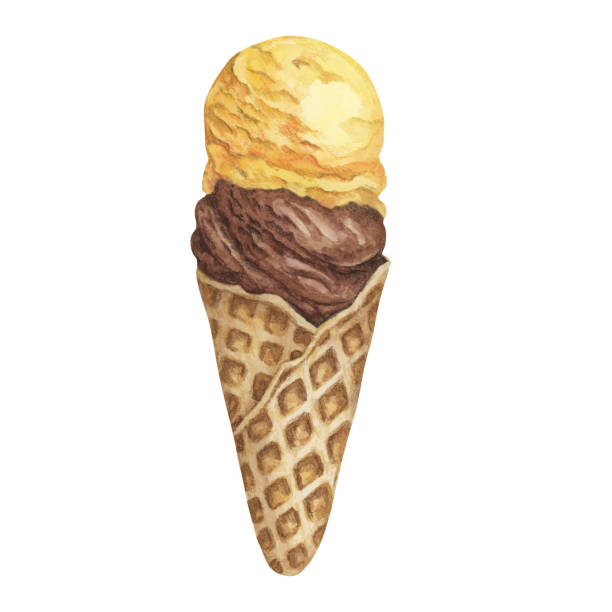 istock Lemon, banana or pineapple and chocolate ice cream scoops in waffle cone. Dessert watercolor illustration for label, menu, culinary design, summer 2157854410