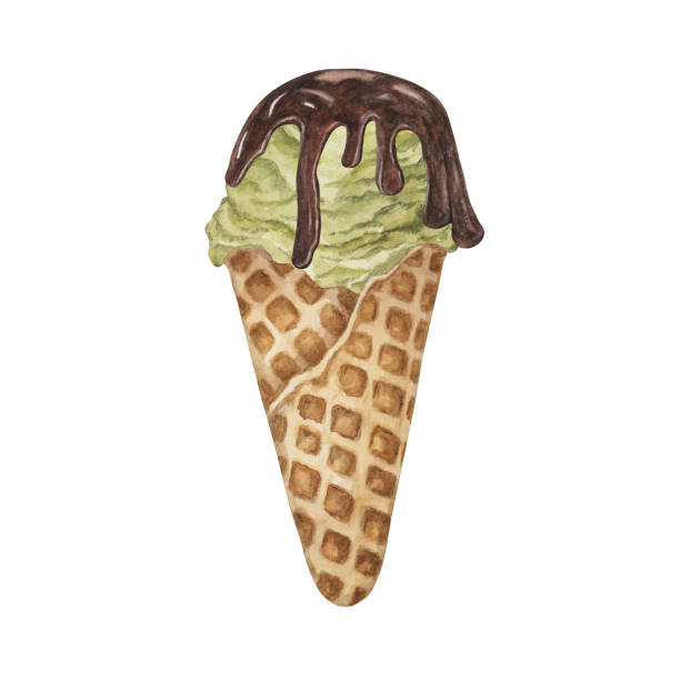 istock Pistachio, green tea, matcha, mint, avocado or lime ice cream scoop in waffle cone. Dessert watercolor illustration for labels, menu, culinary design 2157854431