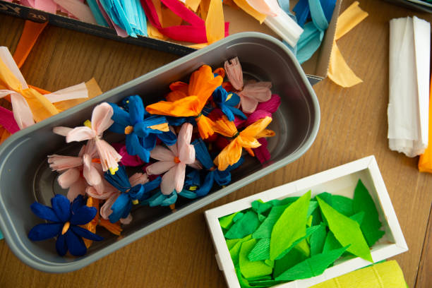Colorful Craft paper on table from above