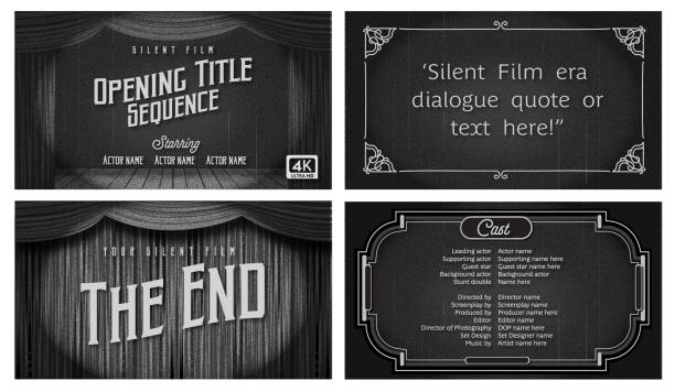 Vector illustration of a Set of Black and white retro Silent Film Title Screens template designs with stage curtains sample text lot's of grain texture 4k aspect ratio. Film title screen, Text card, The End Screen, and Cast List screen included. Lot's of texture, fully editable. Vector eps and high resolution jpg in download.