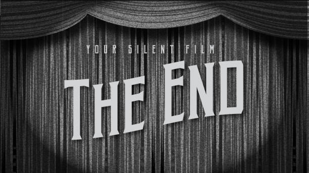 Vector illustration of a Black and white retro Silent Film The End Screen template design with stage curtains sample text lot's of grain texture 4k aspect ratio. Lot's of texture, fully editable.
