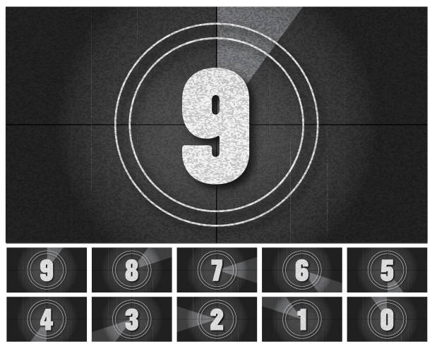 Black and white retro Countdown Screens animation template design numbers 0 to 9 with lot's of grain texture 4k aspect ratio Vector illustration of a Black and white retro Countdown Screens animation template design numbers 0 to 9 with lot's of grain texture 4k aspect ratio. Fully editable vector eps. classic retro tv with white noise stock illustrations