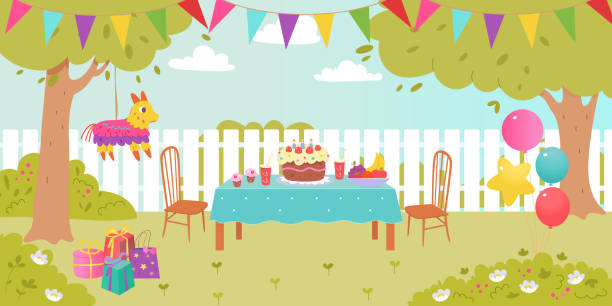 istock Birthday party decoration in garden on backyard. Festive table with cake, balloons, garlands, pinata and gifts outside. Children celebration on lawn front of wooden fence. Cartoon vector illustration 2157884865