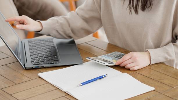 A woman researching and calculating costs on the Internet stock photo
