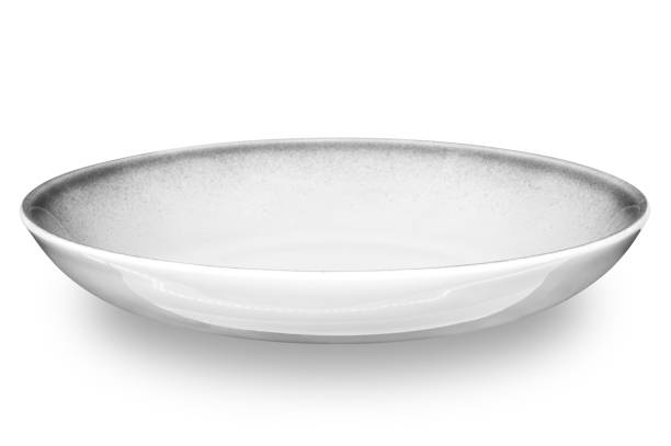 Empty grey circle ceramics plate isolated on white background with clipping path.