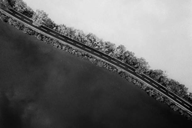 istock Road among the lake drone shot  grayscale 2157893111