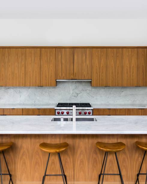 istock Modern wooden kitchen with marble countertop 2157895231