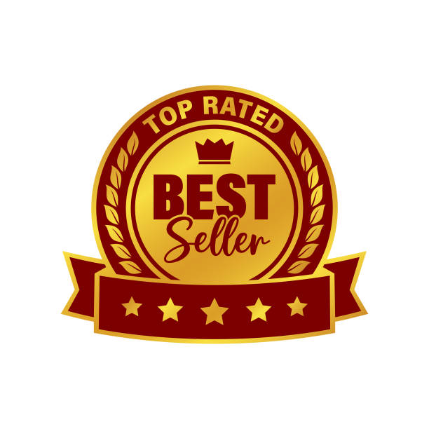Gold and red Best Seller emblem, stamp, imprint, label, sticker with crown, Top Rated Best Seller lettering, laurel wreath and stars Stylized Bestseller award emblem with Top Rated Best Seller inscription, crown, laurel leaves wreath and five stars on ribbon - cut out outline vector icon, badge, label, medal, stamp, imprint, sticker, dark red and gold on white background red crown logo stock illustrations