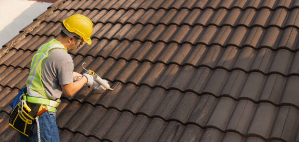 istock Worker man using silicone sealant adhesive  to fix crack of the old tile roof. 2157897522