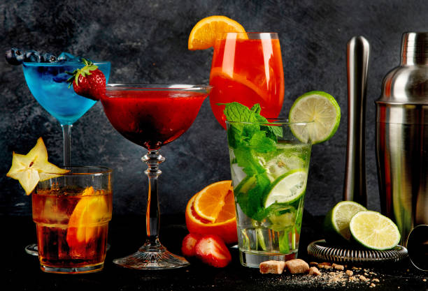 istock Summer cocktail in glasses on a dark background. Bar delicious drinks 2157900086