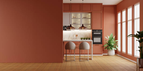 istock Mockup brown wall in modern kitchen room and minimalist interior design- 3D rendering 2157900417