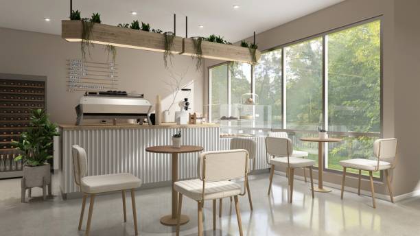 istock Modern, cozy beige cafe and bakery with counter, professional espresso machine, cake display, tables, chairs, window to backyard 2157905114