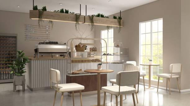 istock Modern, cozy beige cafe and bakery with counter, professional espresso machine, cake display, tables, chairs, window to backyard 2157905116