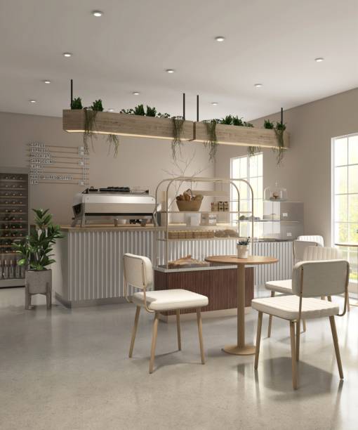 istock Modern, cozy beige cafe and bakery with counter, professional espresso machine, cake display, tables, chairs, window to backyard 2157905117