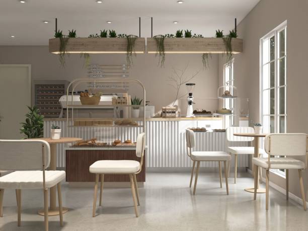 istock Modern, cozy beige cafe and bakery with counter, professional espresso machine, cake display, tables, chairs, window to backyard 2157905119