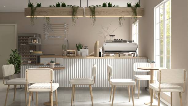 istock Modern, cozy beige cafe and bakery with counter, professional espresso machine, cake display, tables, chairs, window to backyard 2157905121