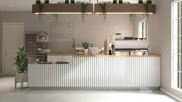 istock Modern, cozy beige cafe and bakery with counter, professional espresso machine, cake display, window to backyard 2157905122