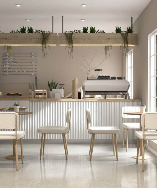 istock Modern, cozy beige cafe and bakery with counter, professional espresso machine, cake display, tables, chairs, window to backyard 2157905123