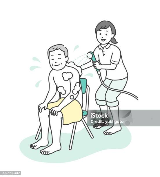 Bañando Ilustración de Ilustración De Un Cuidador Que Ayuda A Bañarse Y Un ...