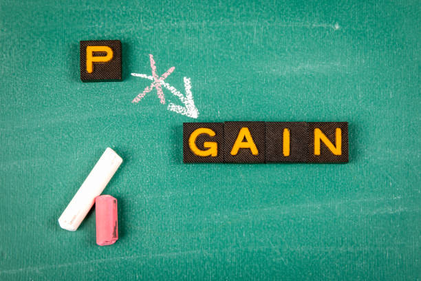 istock Gain Concept. Old letter tiles on a green chalkboard background 2157911576