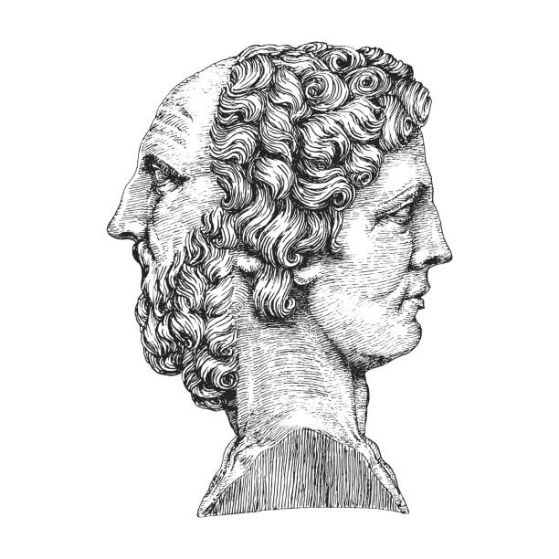 Janus, the Roman god, vintage illustration, drawn sketch of antique bust in engraving style