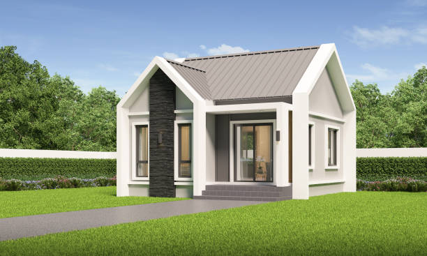 istock Modern house exterior day light with lawn grass.3d rendering 2157913368
