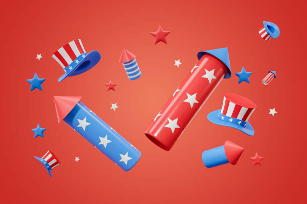 istock Colorful Fourth of July elements including fireworks and Uncle Sam hats on a red background, symbolizing American Independence Day.  3D Rendering 2157915438
