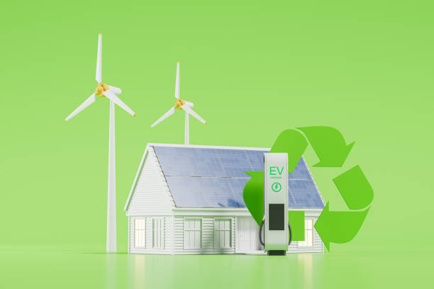 istock Home with solar panels, wind power station on green background 2157915661