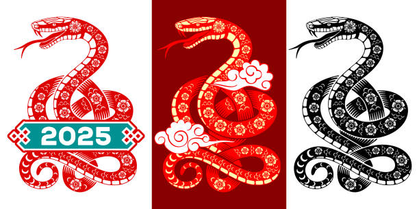 Chinese New Year 2025 Year Of The Snake Set of snake drawings for Chinese New Year 2025. Silhouette, cartoon character with traditional floral pattern in oriental style. Vector illustration snake stock illustrations