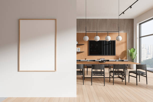 istock Modern home living room interior with eating table and tv, window. Mockup frame 2157916222
