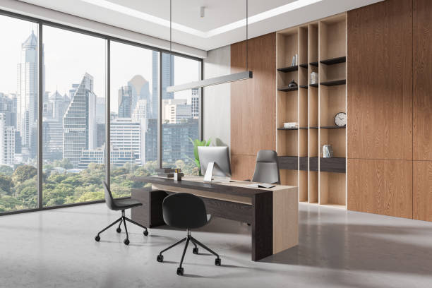 istock Cozy workspace interior with ceo desk and shelf with panoramic window 2157916292