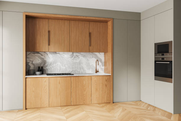 istock Stylish home kitchen interior with cooking cabinet and oven mounted 2157916446