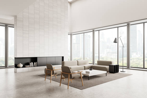 istock Modern living room interior with couch and decoration, panoramic window 2157916560