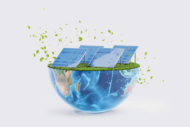 istock Half Earth and solar panels station and falling leaves 2157917110