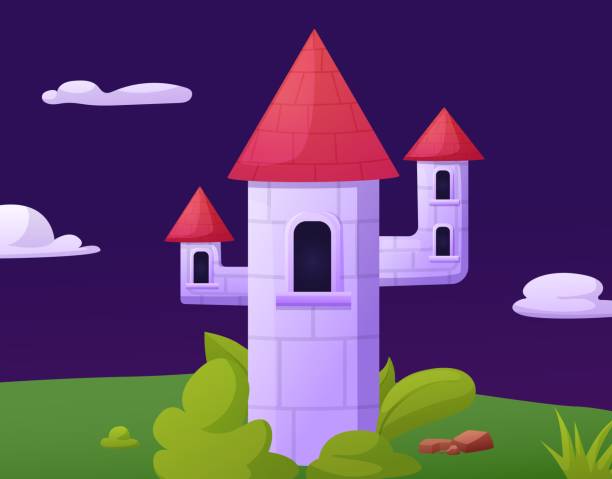 istock Fairy tale castle on green hill. Brick tower in kingdom, queen princess king house. Magic home and plants, cartoon childish book simple vector illustration 2157919287