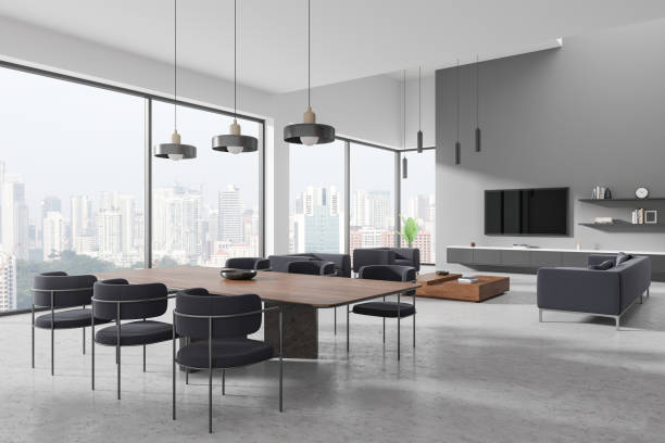 istock Home living room interior with eating and resting zone, panoramic window 2157920004