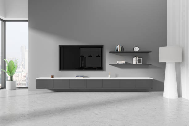 istock Home living room interior with tv screen, sideboard with panoramic window 2157920021