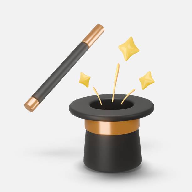 istock 3d rendering illustration of a Cylinder magic hat with golden ribbon and fairytale wand with a yellow, golden stars around. Vintage man fashion and magic show concept. Vector art isolated on white 2157926507