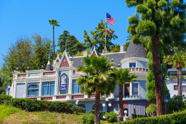 Los Angeles, California - April 10, 2024: Iconic clubhouse for magicians on Franklin Avenue, surrounded by springtime blooms.