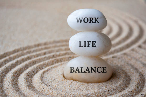 istock Work life balance text on zen stones with sand background. Work life balance concept. 2157936463