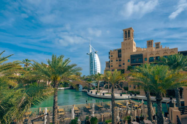 Discover the charm of Madinat Jumeirah district in Dubai, a picturesque area blending traditional Arabian architecture with modern luxury, featuring stunning waterways and vibrant markets.