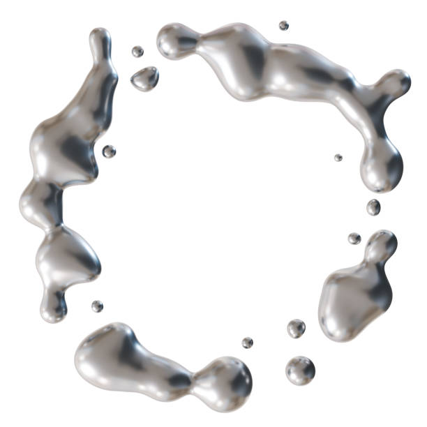 istock Circle with dynamic silver liquid splashes, isolated on white background. Futuristic fluid, metallic surface. Flowing, molten metal. Cut out design element. Copy space in the middle. Y2k style. 3D. 2157939306