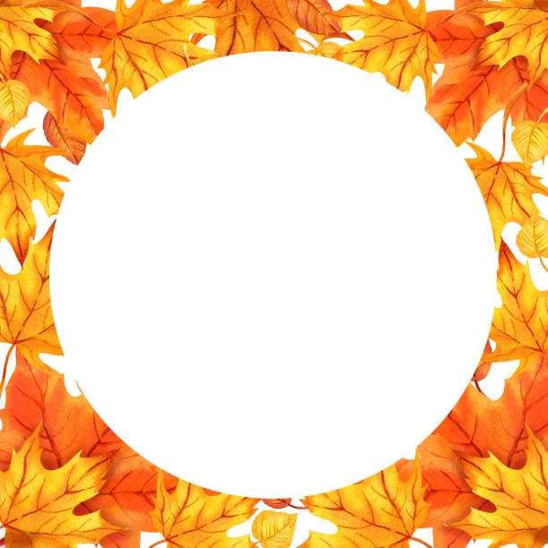 istock watercolor white frame with autumn leaves, orange maple leaves, hand drawn illustration of yellow and orange autumn leaves, sketch on white background, for autumn posters 2157942560