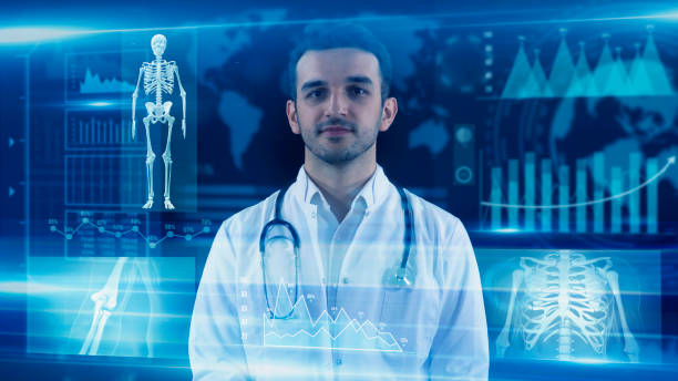 istock The Doctor is looking at the digital interface, giving attention to specific data on the HUD. This is futuristic, virtual reality, hologram, and technology concept. Photo of confident male doctor, looking at camera with smile, 2157944599