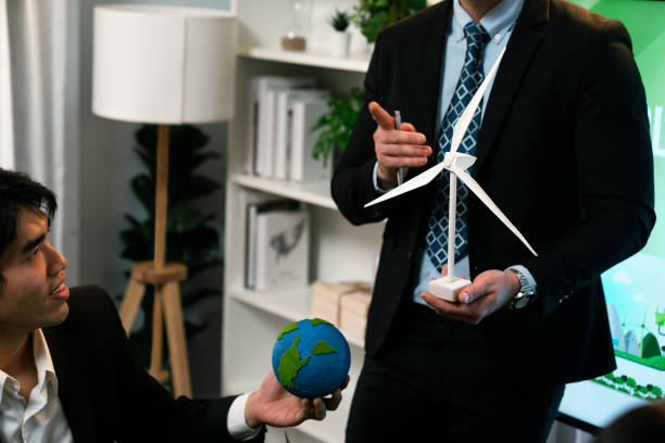 istock Businessman leader give presentation on eco-friendly implementation. Quaint 2157944712