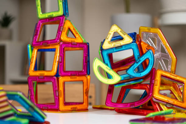 istock Magnetic constructor buildings on the table. Educational toys 2157945314