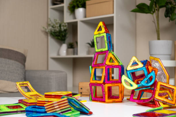 istock Magnetic constructor buildings on the table. Educational toys 2157945315