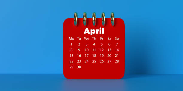 Monthly Spiral Desktop Calendar 2024 template: 3D illustration on empty grey background, large copy space. Sunday start week date planner in horizontal composition. Set of 12 Months. This is April.